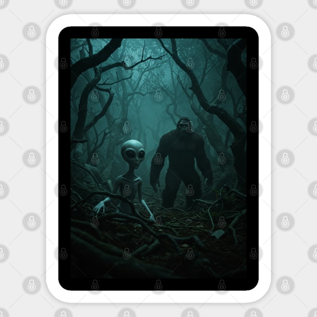 Alien and Bigfoot in an Creepy Forest Sticker by Megadorim